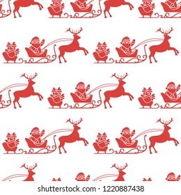 Christmas and Happy New Year 2019 seamless pattern. Vector illustration Santa Claus with gifts in sleighs with reindeers. Design for print.