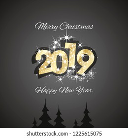 Christmas and Happy New Year 2019 gold black firework greeting card design