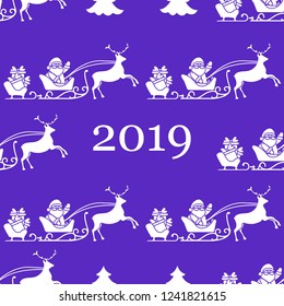 Christmas and Happy New Year 2019 seamless pattern. Vector illustration Santa Claus with gifts in sleighs with reindeers. Design for print.