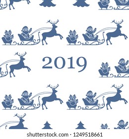 Christmas and Happy New Year 2019 seamless pattern. Vector illustration Santa Claus with gifts in sleighs with reindeers. Design for print.