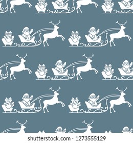 Christmas and Happy New Year 2019 seamless pattern. Vector illustration Santa Claus with gifts in sleighs with reindeers. Design for print.