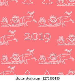 Christmas and Happy New Year 2019 seamless pattern. Vector illustration Santa Claus with gifts in sleighs with reindeers. Design for print.