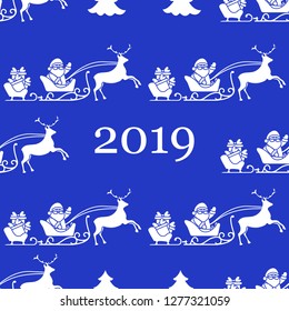 Christmas and Happy New Year 2019 seamless pattern. Vector illustration Santa Claus with gifts in sleighs with reindeers. Design for print.