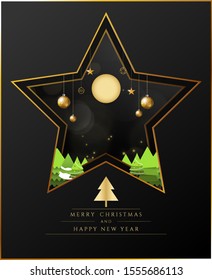 Christmas, Happy New Year 2020. Black Star shape Background with paper cut style Luxury Gold Text. Decor by gold Christmas ball, tree. use for Poster, Banner, celebrate Card - Illustration Vector