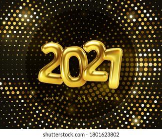 Christmas and Happy New Year 2021. Winter holiday vector banner with golden metallic balloon numbers 2021 and festive confetti, glitter, stars on black glittering background. Realistic 3d illustration