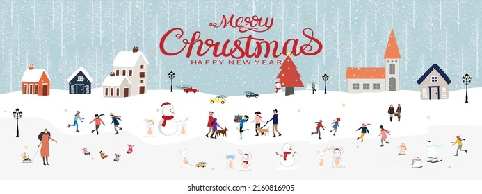 Christmas and Happy New Year 2023 banner with People,polar bear and rabbit celebrating in the park next to forest pine trees on blue sky background.Vector illustration panorama banner holiday backdrop