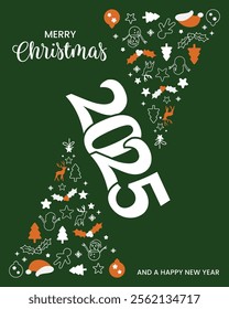 Christmas and Happy New Year 2025 greeting card with fir tree decorative christmas pattern background.Vector illustration