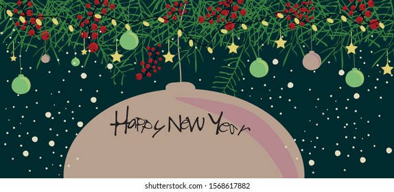Christmas and Happy New Year. Abstract holly red berries and branches. Christmas toys with copy space for your text. Trendy retro style.Vector illustration
