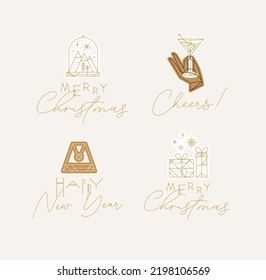 Christmas and Happy New Year art deco labels with lettering drawing in modern vintage line style on beige background