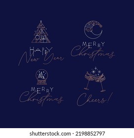 Christmas and Happy New Year art deco labels with lettering drawing in vintage line style on blue background
