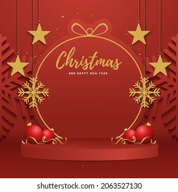 christmas and happy new year background with festive decoration. red stage. vector illustration
