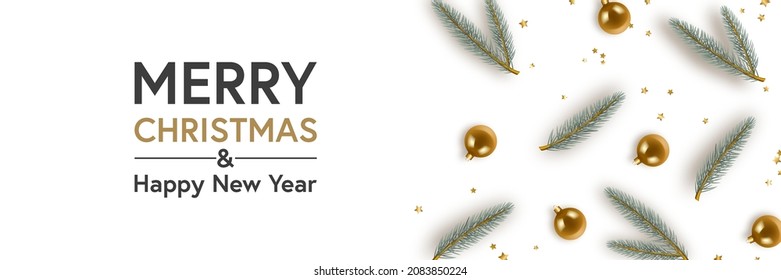 Christmas and Happy New Year Background with Fir Branches, Golden Glass Balls and Shine Confetti. Xmas Realistic Vector Background.