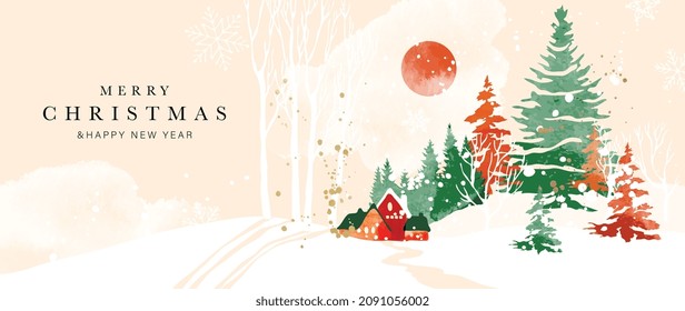 Christmas and Happy New Year background vector. Hand painted watercolor drawing for winter season. Background design for invitation, cards, social post, ad, cover, sale banner and invitation.