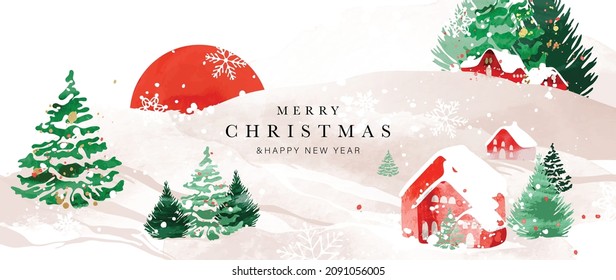 Christmas and Happy New Year background vector. Hand painted watercolor drawing for winter season. Background design for invitation, cards, social post, ad, cover, sale banner and invitation.