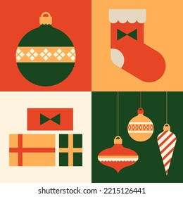 Christmas and Happy new year background. Poster with christmas elements: christmas sock, gifts, decorations. Flat vector illustration in geometric style.
