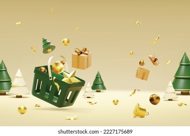 Navidad y Feliz Año Nuevo. 3d Fondo realista con carro de la compra, bastón de caramelo, campana, regalo, luz y árbol de Navidad.