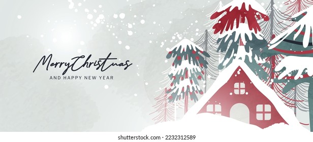 Christmas and happy new year background vector illustration. Hand painted decorative winter snowy landscape, snowfall, house, pine trees. Design for print, decoration, poster, wallpaper, banner.
