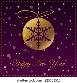 Christmas and Happy New year background. Holiday card with gold abstract ball /snowflake on purple background.Christmas and New year frame.Vector illustration