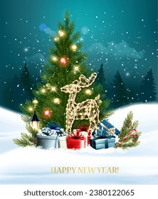 Christmas and Happy New Year background with a colorful gift boxes, glowing deer and Christmas tree. Vector.