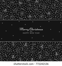 Christmas and Happy New Year background with line elements. Winter banner in black and silver colors in minimal thin linear style. 