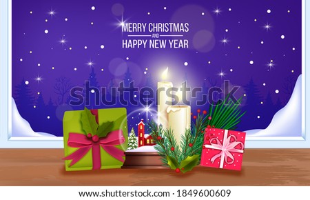 Christmas and Happy New Year background with gift boxes, crystal snow ball, candles, fir branches. X-mas holiday winter postcard with window, presents, pine twig. Christmas greeting vector postcard