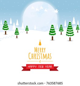 christmas and happy new year background,christmas tree big moon and santa vector