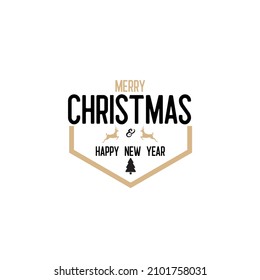 Christmas and happy new year badge in hexagon cut vector illustration with tree and deer silhouette isolated on white background fit for your online store or web decoration