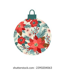 Weihnachten und Frohe Neujahrsball mit Blumen. Einzelbild. Vektordesign-Vorlage.