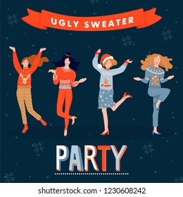 Christmas and Happy New Year banner template on ugly sweater party. Card with happy womans in sweaters. Vector illustration.