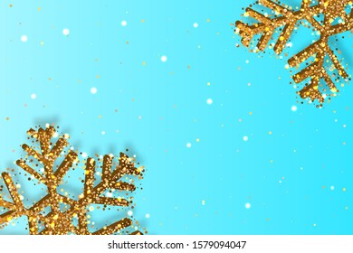 Christmas and Happy new year banner. Background with snowflake, bokeh lights and golden confetty.