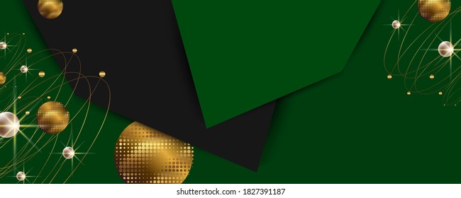 Christmas Happy New Year banner, Vector Xmas on green background abstract golden holiday elements. Horizontal christmas posters, cards, headers, website