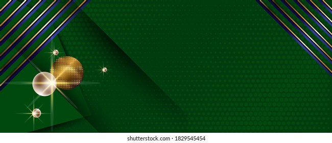 Christmas Happy New Year banner, Vector Xmas on green background abstract golden holiday elements. Horizontal christmas posters, cards, headers, website