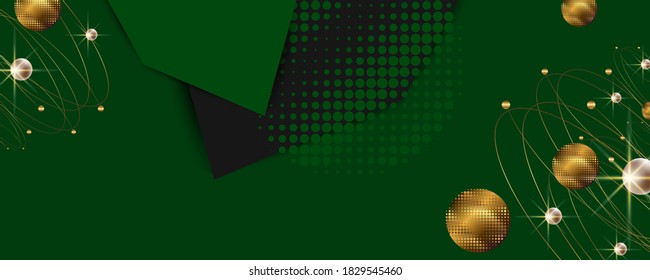 Christmas Happy New Year banner, Vector Xmas on green background abstract golden holiday elements. Horizontal christmas posters, cards, headers, website