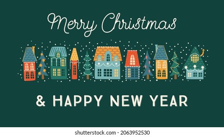 Christmas and Happy New Year banner. City, houses, Christmas trees, snow. New Year symbols.Trendy retro style. Vector design template.