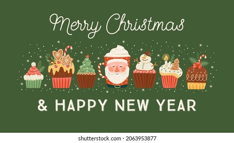 Christmas and Happy New Year banner with christmas sweet and drink. Trendy retro style. Vector design template.