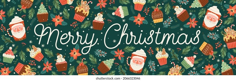 Christmas and Happy New Year banner with christmas sweet and drink. Trendy retro style. Vector design template.