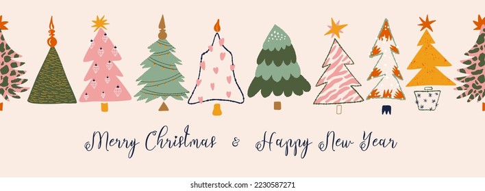 Christmas and Happy New Year banner. Scandinavian Xmas background of Christmas tree. Horizontal seamless header for website template, promotion, headline.