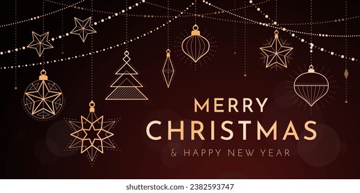 Christmas and Happy New Year banner with hanging luxury golden decorations, copy space