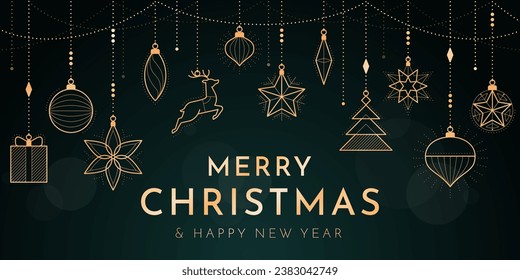 Christmas and Happy New Year banner with hanging luxury golden decorations, copy space