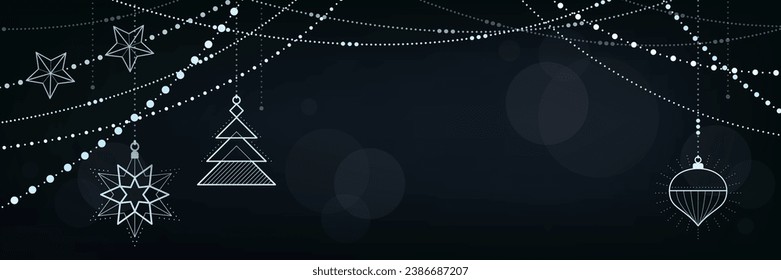 Christmas and Happy New Year banner with hanging luxury silver decorations, copy space