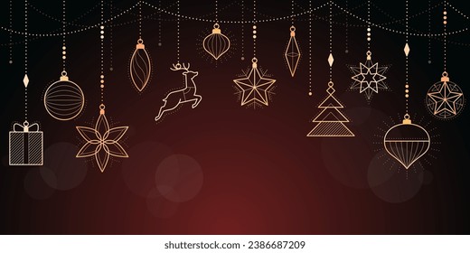 Christmas and Happy New Year banner with hanging luxury golden decorations, copy space