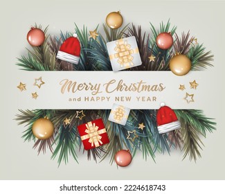 Christmas and Happy New Year banner.Background Xmas design.festive decorative with gift box, ball, Santa hat and star objects.Christmas poster,holiday banner,greeting card. 