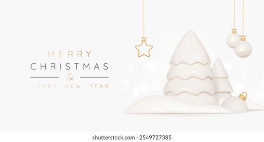 Weihnachten und Happy New Year beige Banner mit Pinien im Schnee und Bälle hängen auf goldenem Band. Festplakat oder Weihnachtskarte mit Bokeh-Lichtern. 3D-Cartoon-Design, Vektorgrafik