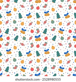 Christmas and Happy New Year, bell, Christmas tree and toys seamless pattern. Create Fabric, paper, banner, card. Vector illustration. 