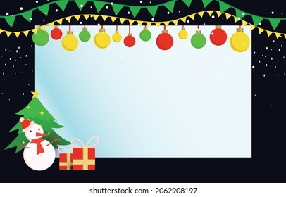 Christmas and Happy New Year blank paper background or greeting card, decorated with snow, snowman, and festive flags, vector illustration background.