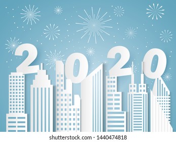 Christmas and happy new year blue vector background with cityscape and fireworks celebration concept, paper art design