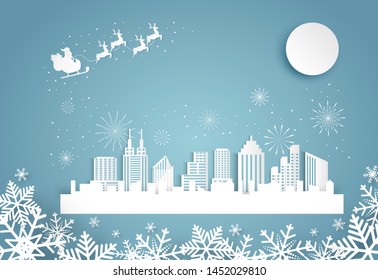 Christmas and happy new year blue vector background with cityscape and fireworks celebration concept, paper art design