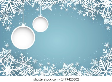 Christmas and happy new year blue vector background with snowflake and snowball, celebration concept, paper art design