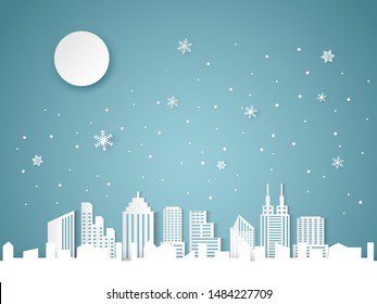 Christmas and happy new year blue vector background with cityscape and snowflake celebration concept, paper art design