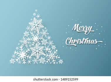 Christmas and happy new year blue vector background with snow, celebration concept, paper art design